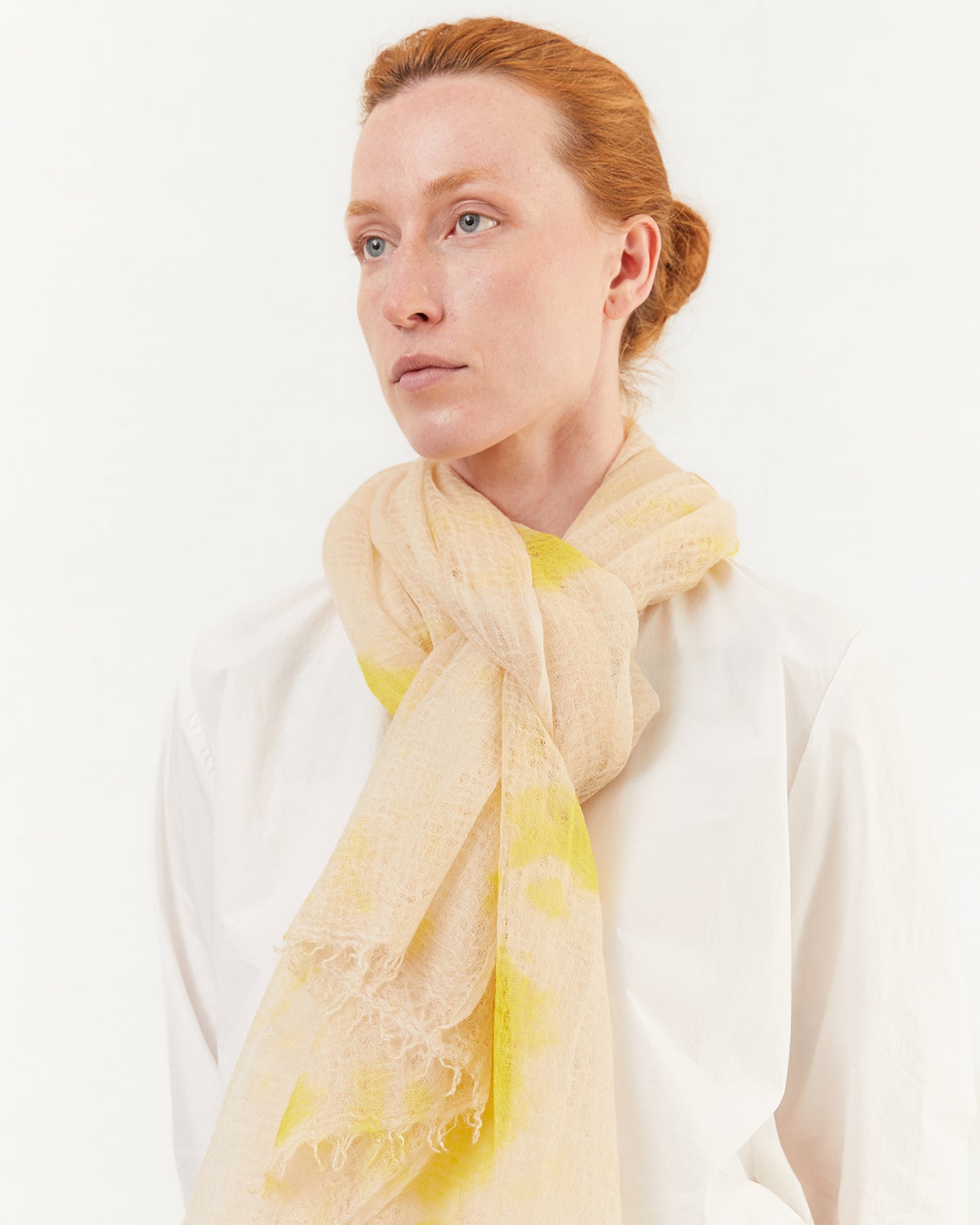 Suzusan Handwoven Featherweight Cashmere Shawl in Sun Yellow/ Sand