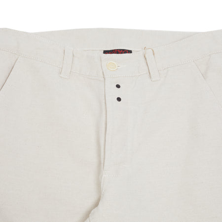 Workwear trousers in cotton and linen blend hopsack. Features a traditional button and catch fly and patch pockets at the back. Made in France.