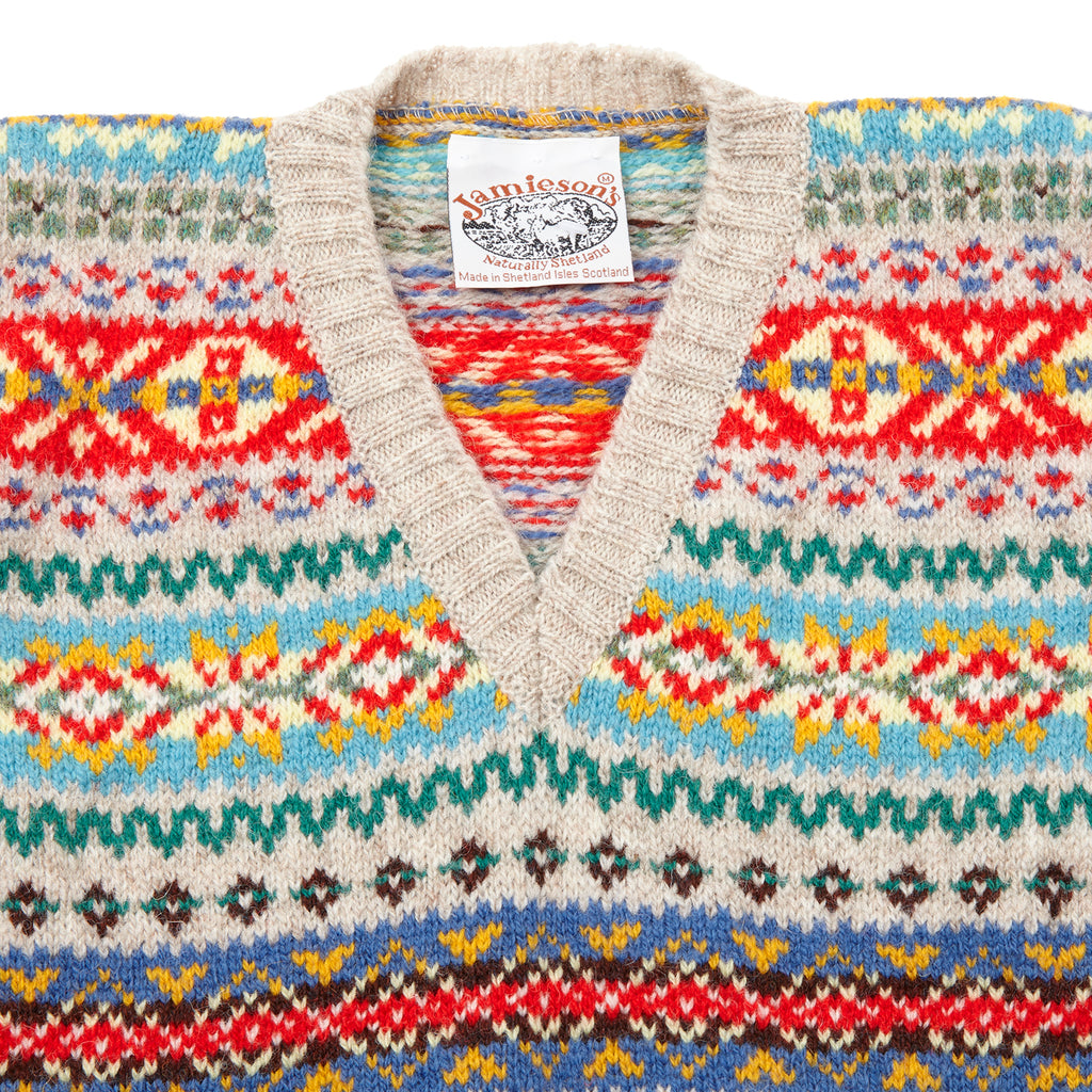 Jamieson s Fair Isle V Neck Slipover in Ecru