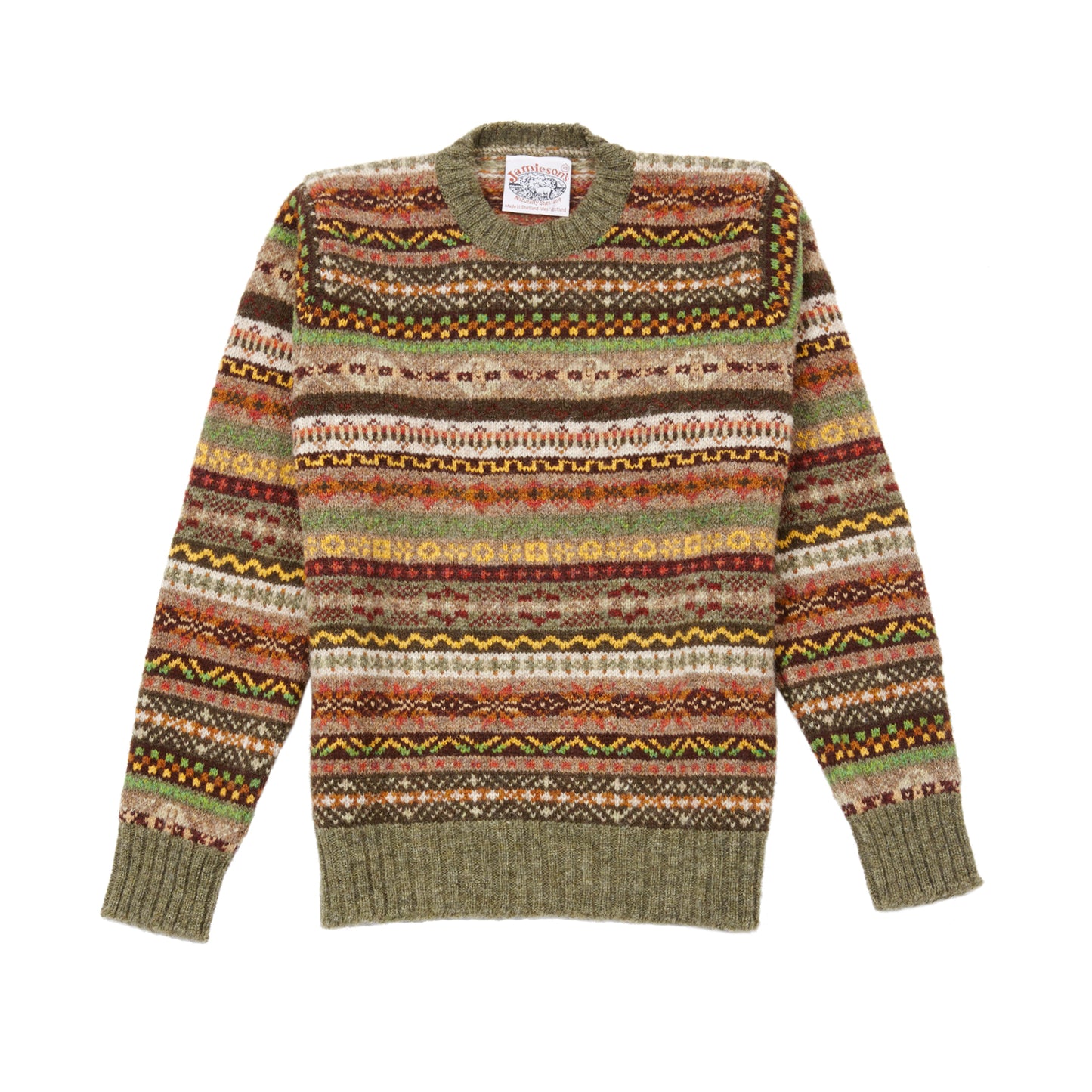 Jamieson's Crew-neck Fair Isle Jumper in Moss Green