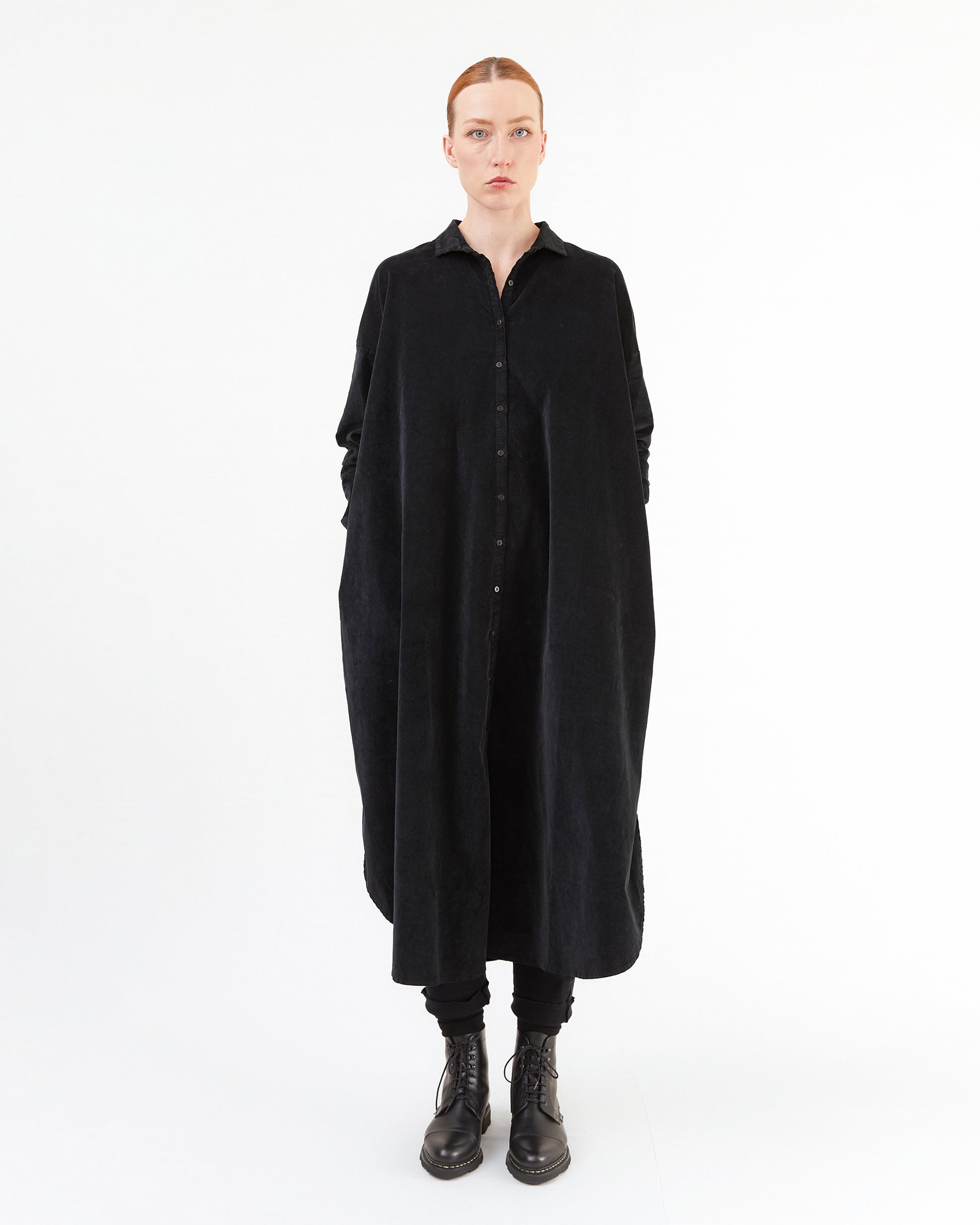 Album Di Famiglia Long Velvet Shirt Dress in Black