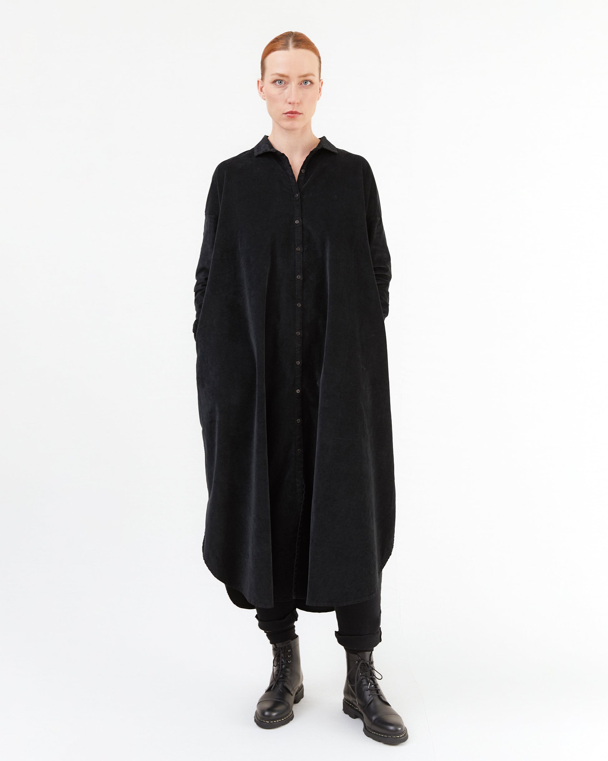 Album Di Famiglia Long Velvet Shirt Dress in Black