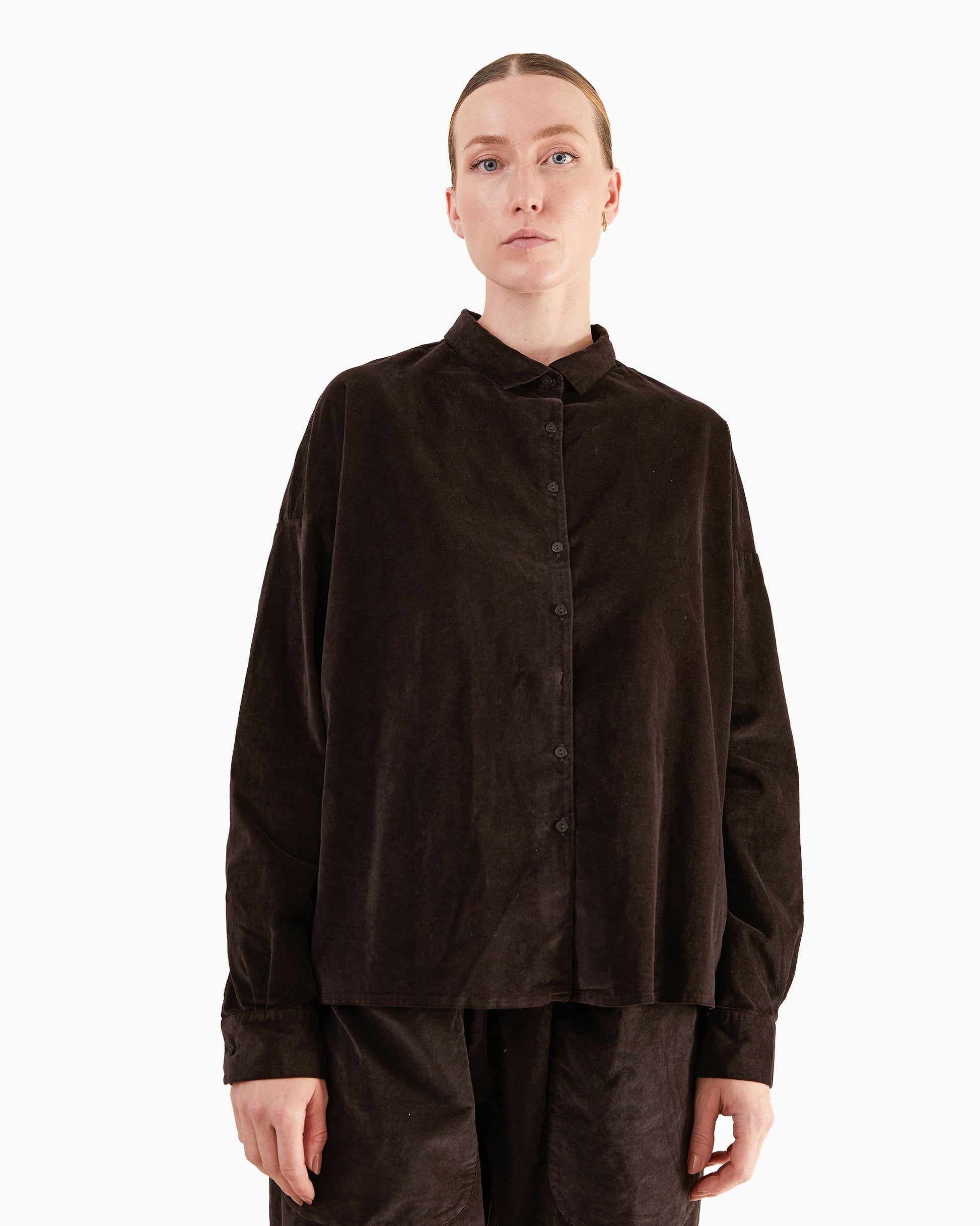 Album Di Famiglia Velvet Short Collar Shirt in Brown