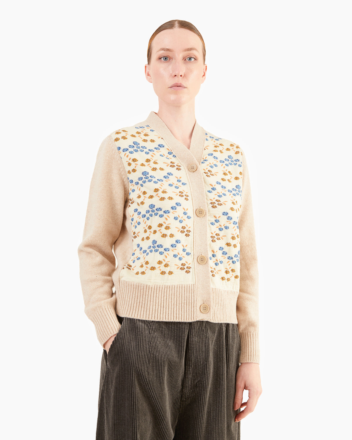 Antipast Sock Knit V-Neck Cardigan in Ivory & Beige