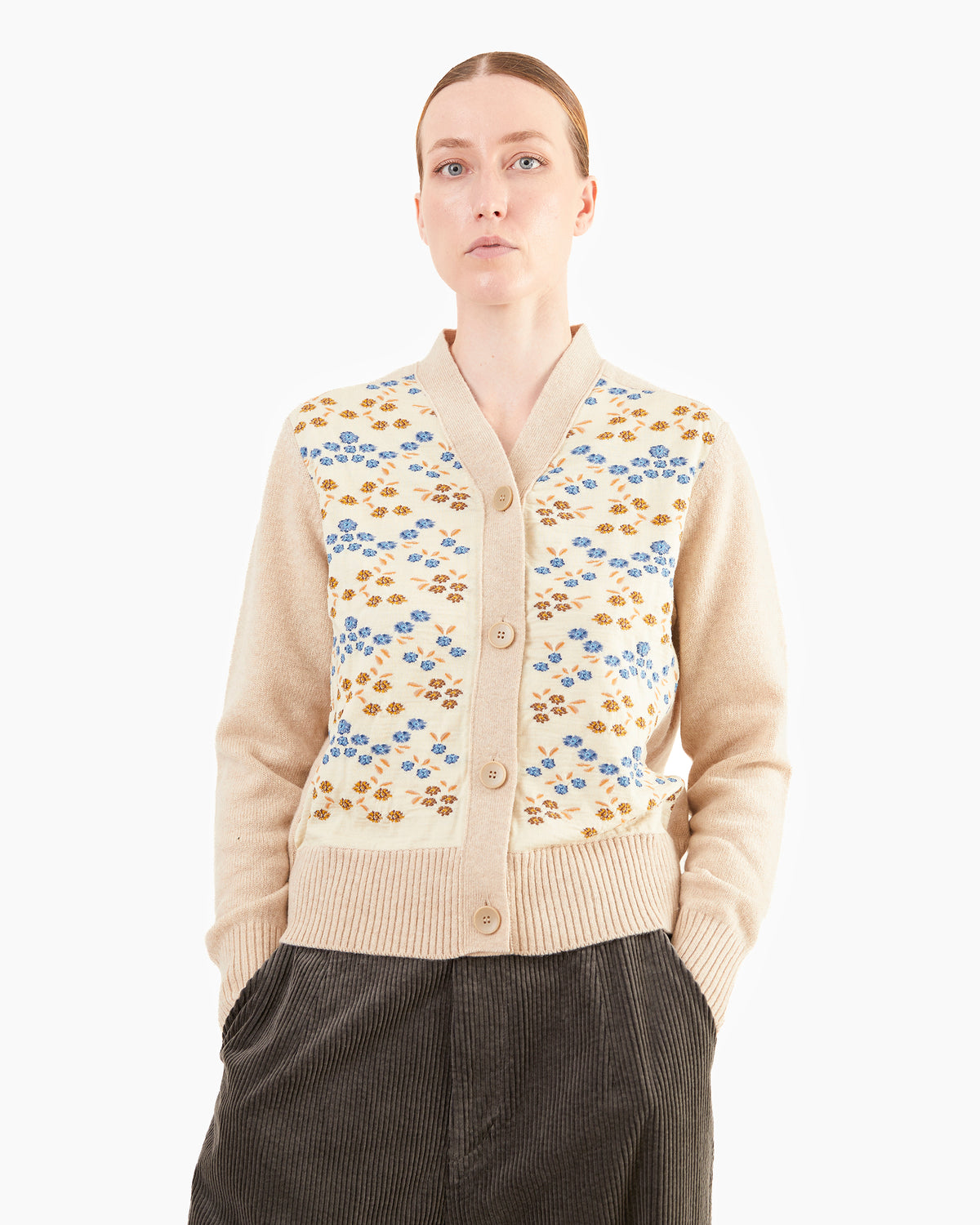 Antipast Sock Knit V-Neck Cardigan in Ivory & Beige