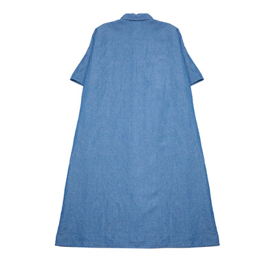 Button up dress with short sleeves and shirt-style collar. An oversized cut with drop shoulders and inseam pockets. Crafted from a cotton/linen blend.  60% Cotton, 40% Linen.