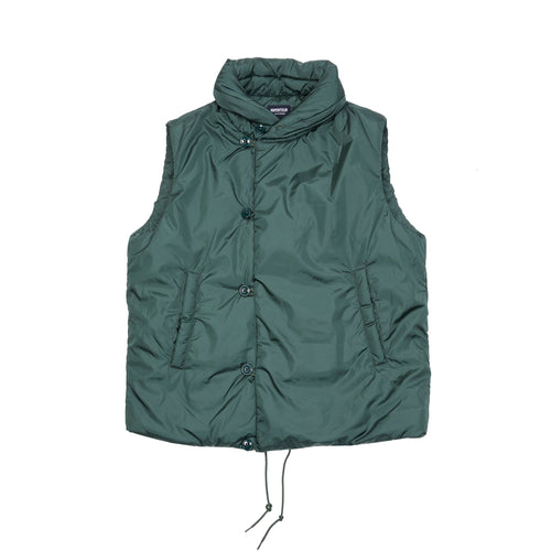 Loft Technical Nylon Vest in Emerald is a padded layering piece for extra warmth. Featuring off-centre button closure to keep the cold out, front slash pockets, and a miniature shawl neckline that can be turned up against the elements. The waist has an adjustable drawstring for fit and to keep cosy.  100% nylon. Filling: 100% Polyamide Primaloft insulation.