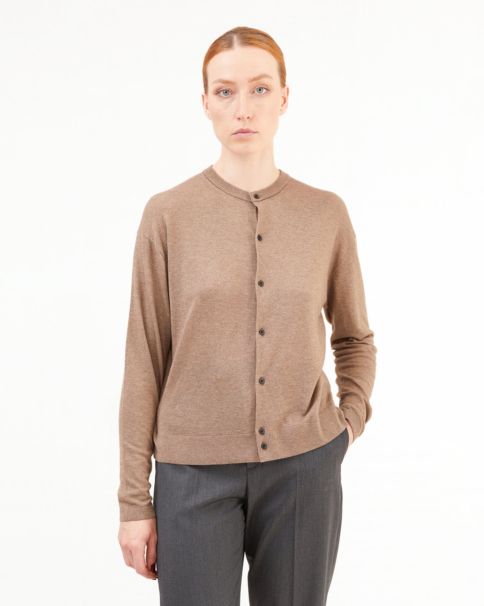 Aton Women's Garment Dyed Cashmere/Silk Cardigan in Brown