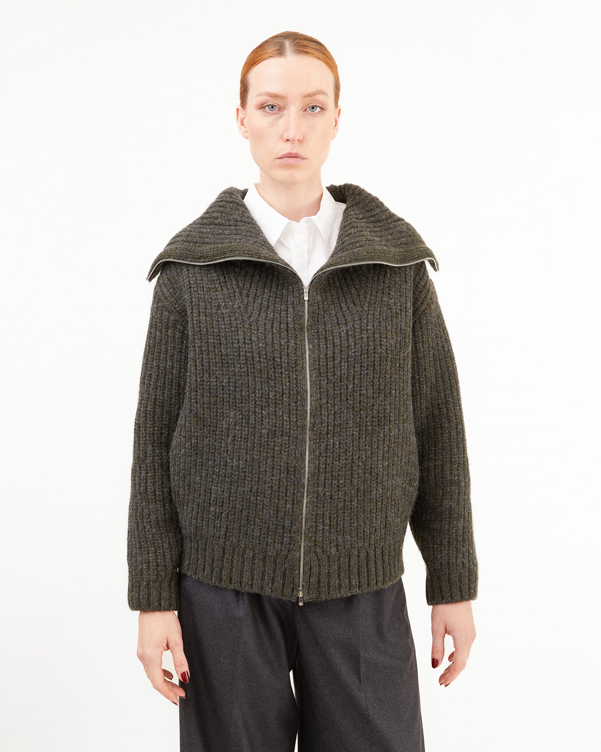 Aton Women's Wool Alpaca Cashmere Zipper Cardigan in Khaki