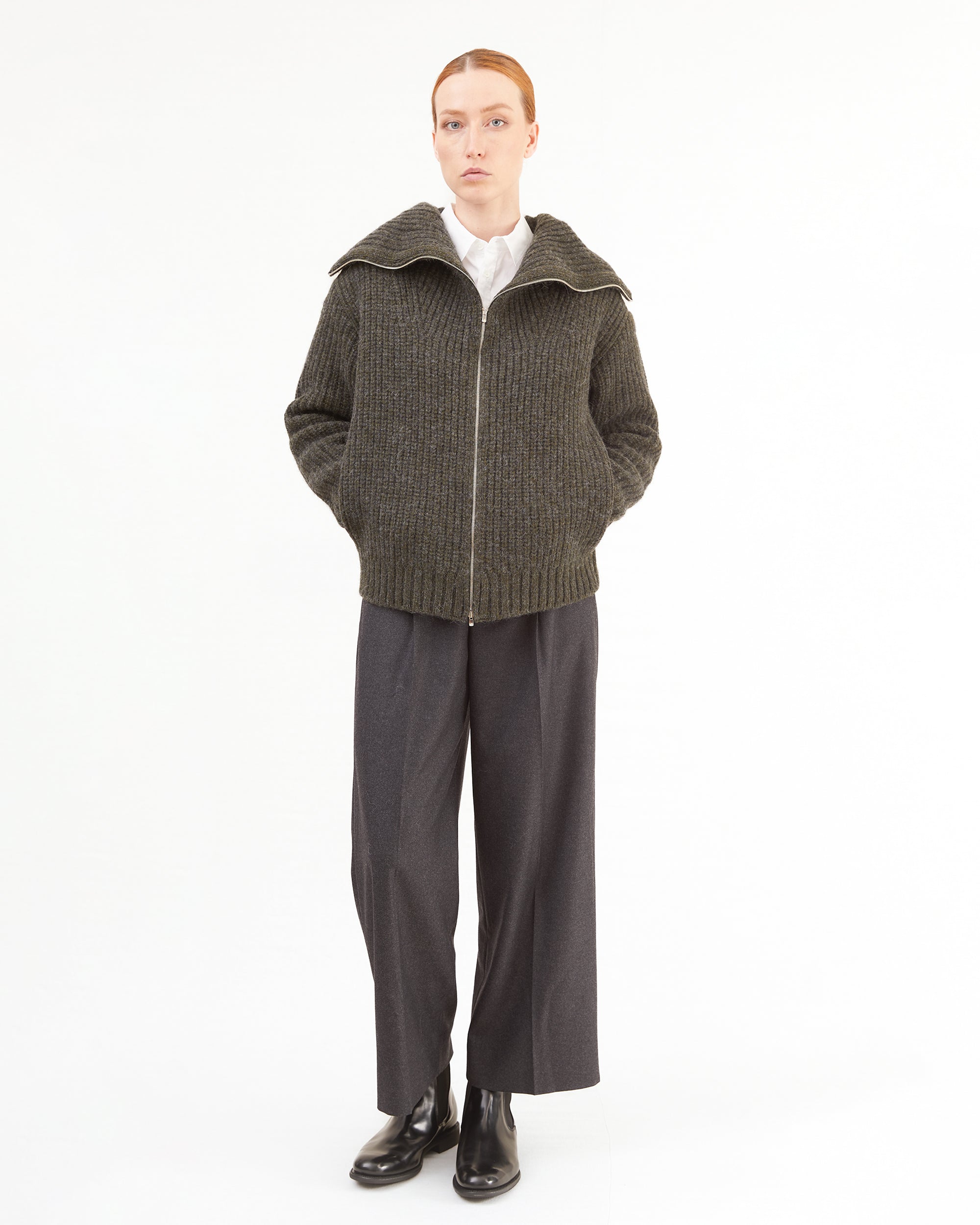 Aton Women's Wool Alpaca Cashmere Zipper Cardigan in Khaki