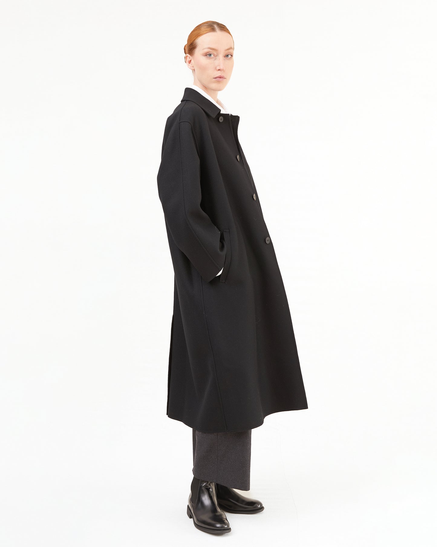 Aton Women's Super 120's Double Melton Wool Balmacaan Coat in Black