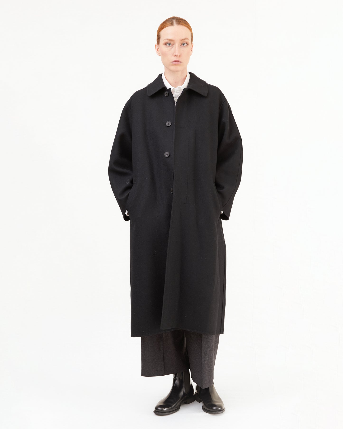 Aton Women's Super 120's Double Melton Wool Balmacaan Coat in Black