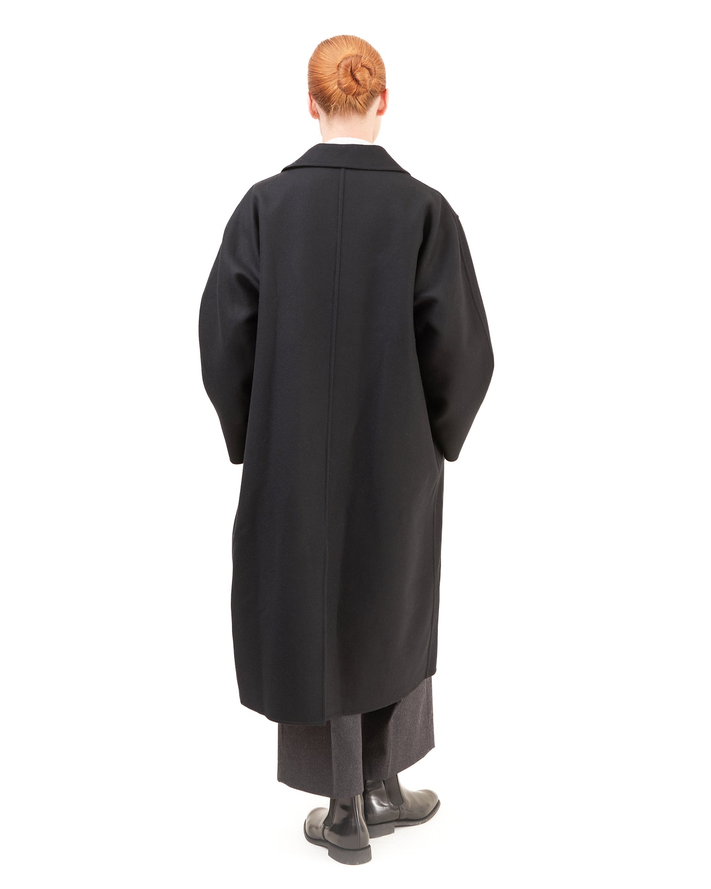 Aton Women's Super 120's Double Melton Wool Balmacaan Coat in Black