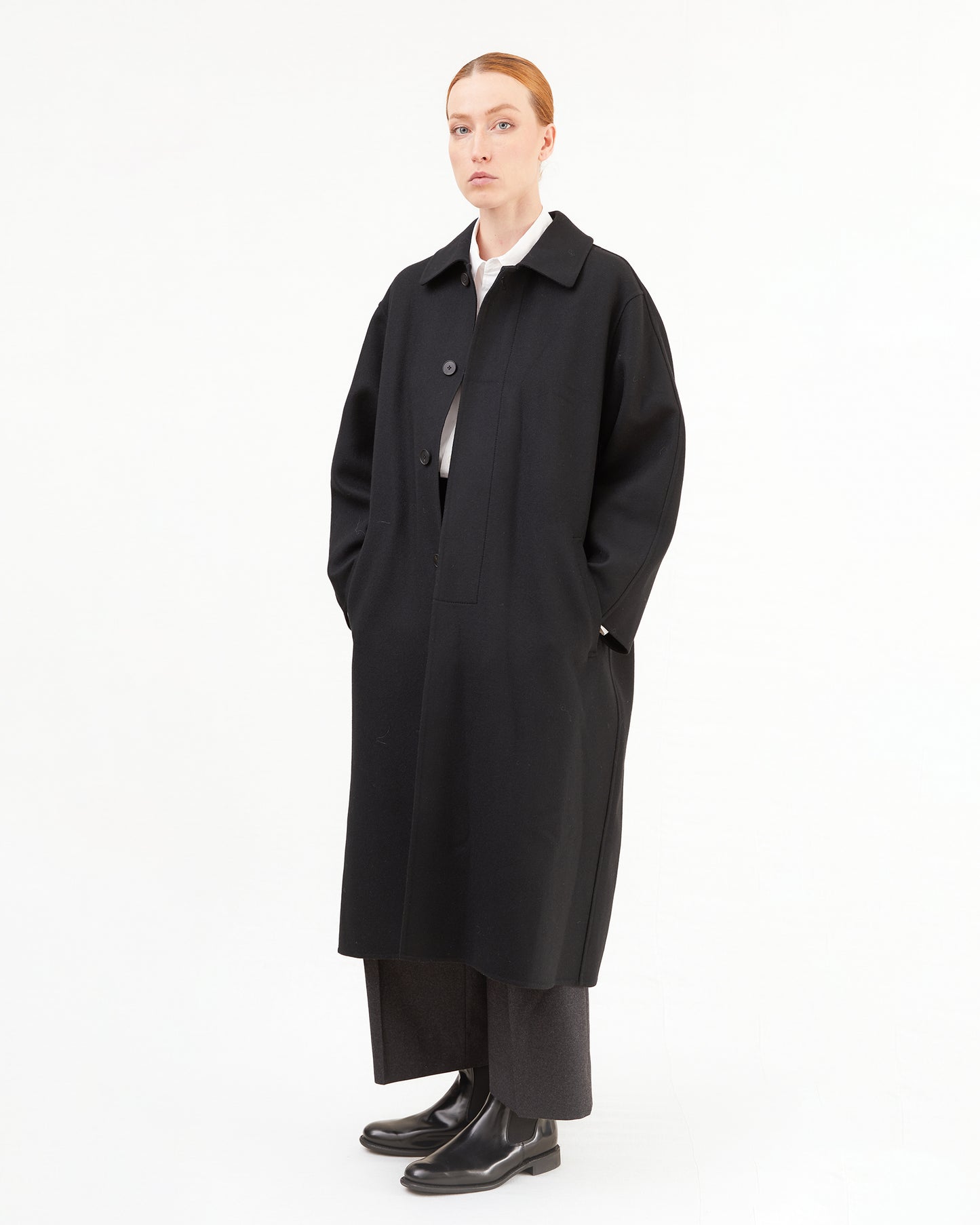 Aton Women's Super 120's Double Melton Wool Balmacaan Coat in Black