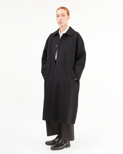 Aton Women's Super 120's Double Melton Wool Balmacaan Coat in Black