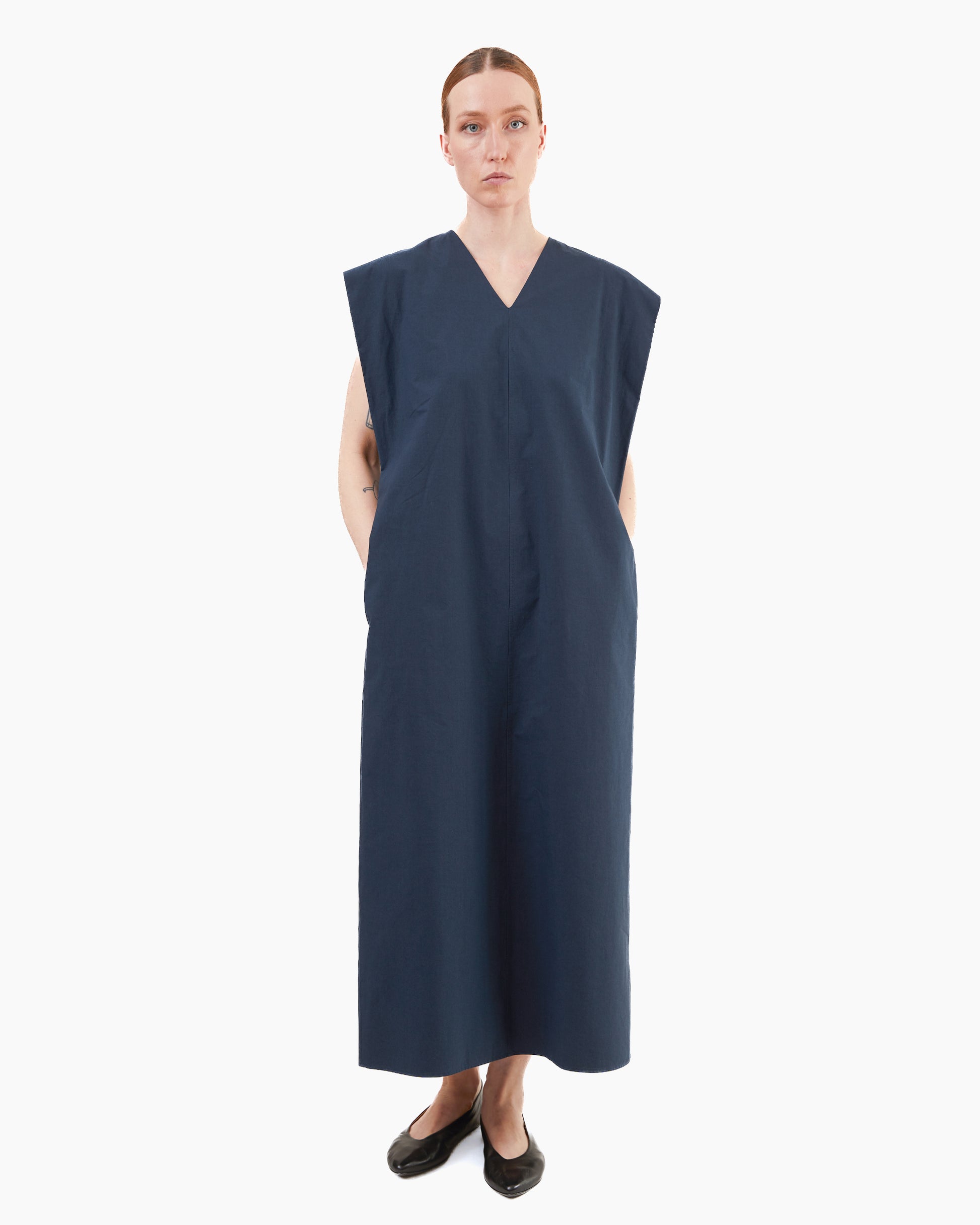 Aton Women's Cotton Broad French Sleeve Dress in Navy