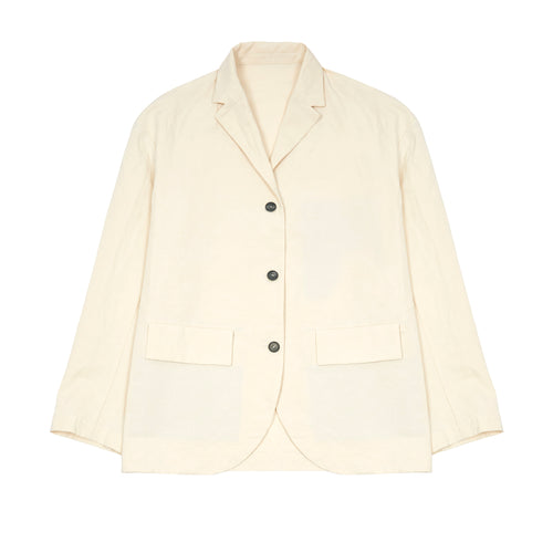Bea jacket is an oversized blazer in a beautiful off-white Cotton/Linen fabric. Notched lapel, dropped shoulder with three button fastening, two flap pockets.   72% Cotton, 28% Linen. 
