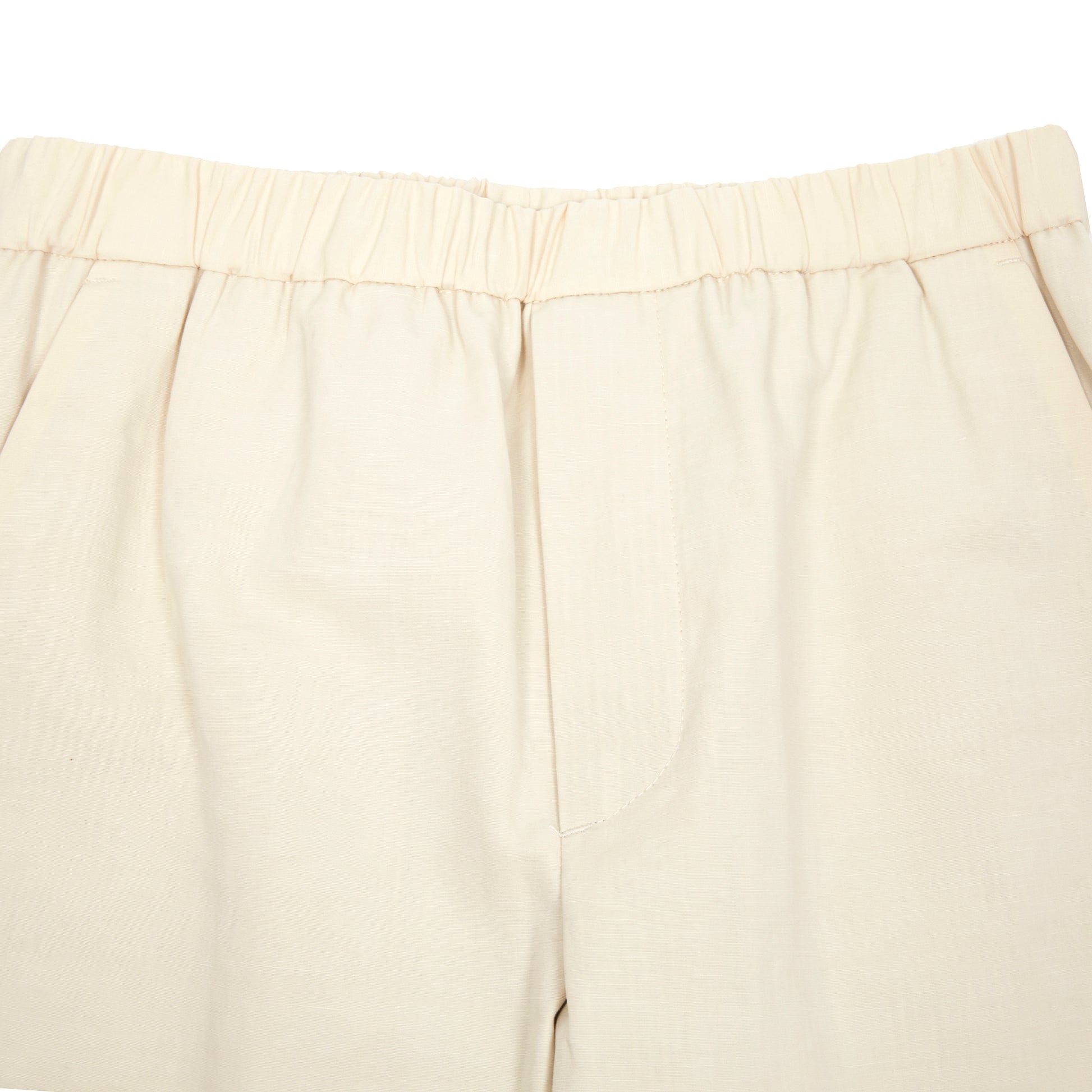 Easy pants; relaxed tapered elasticated trousers in a beautiful almond woven cotton linen cloth, part-lined in classic striped cotton.   72% Cotton, 28% Linen.