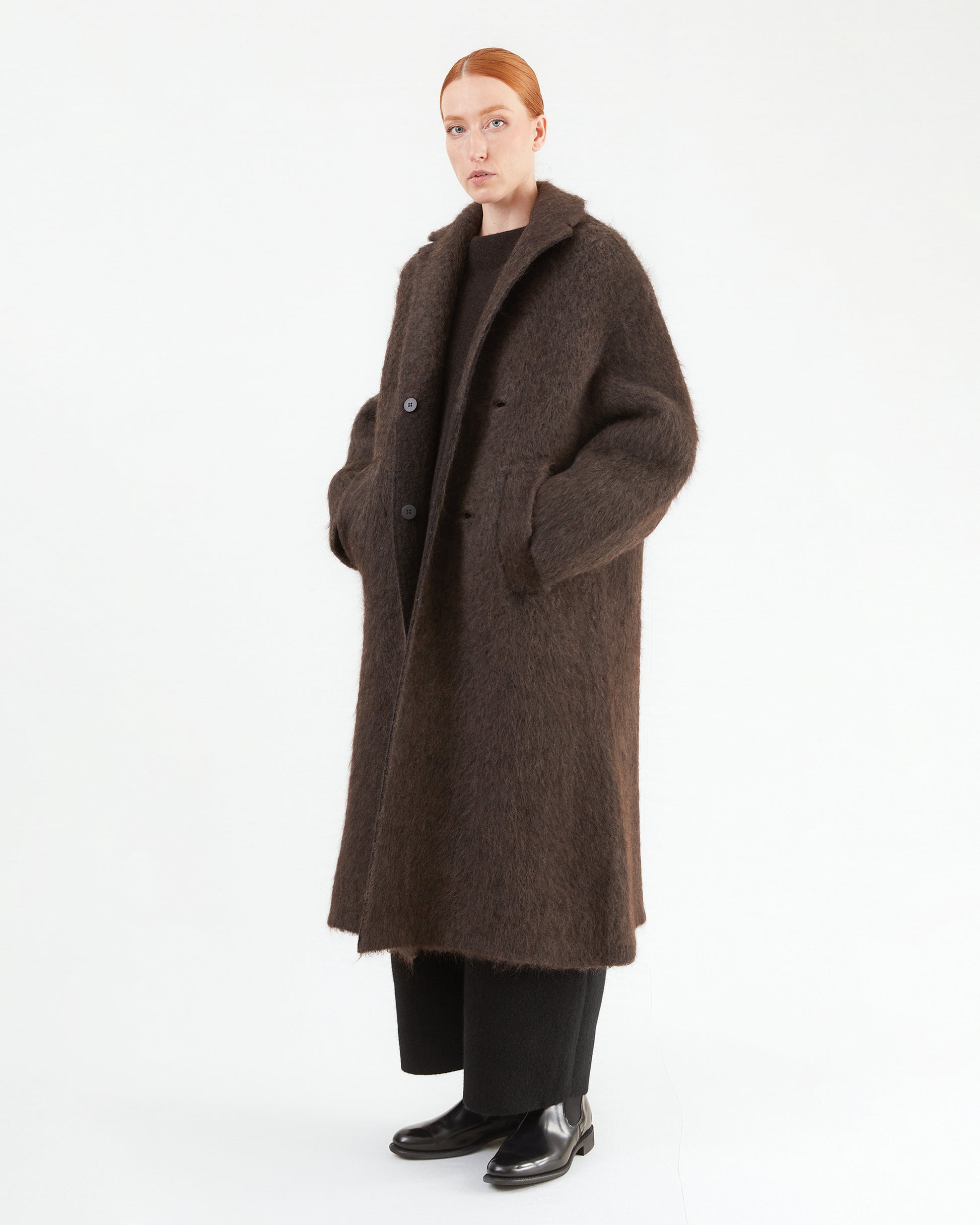 Boboutic Wool Double Breasted Fur Coat in Brown