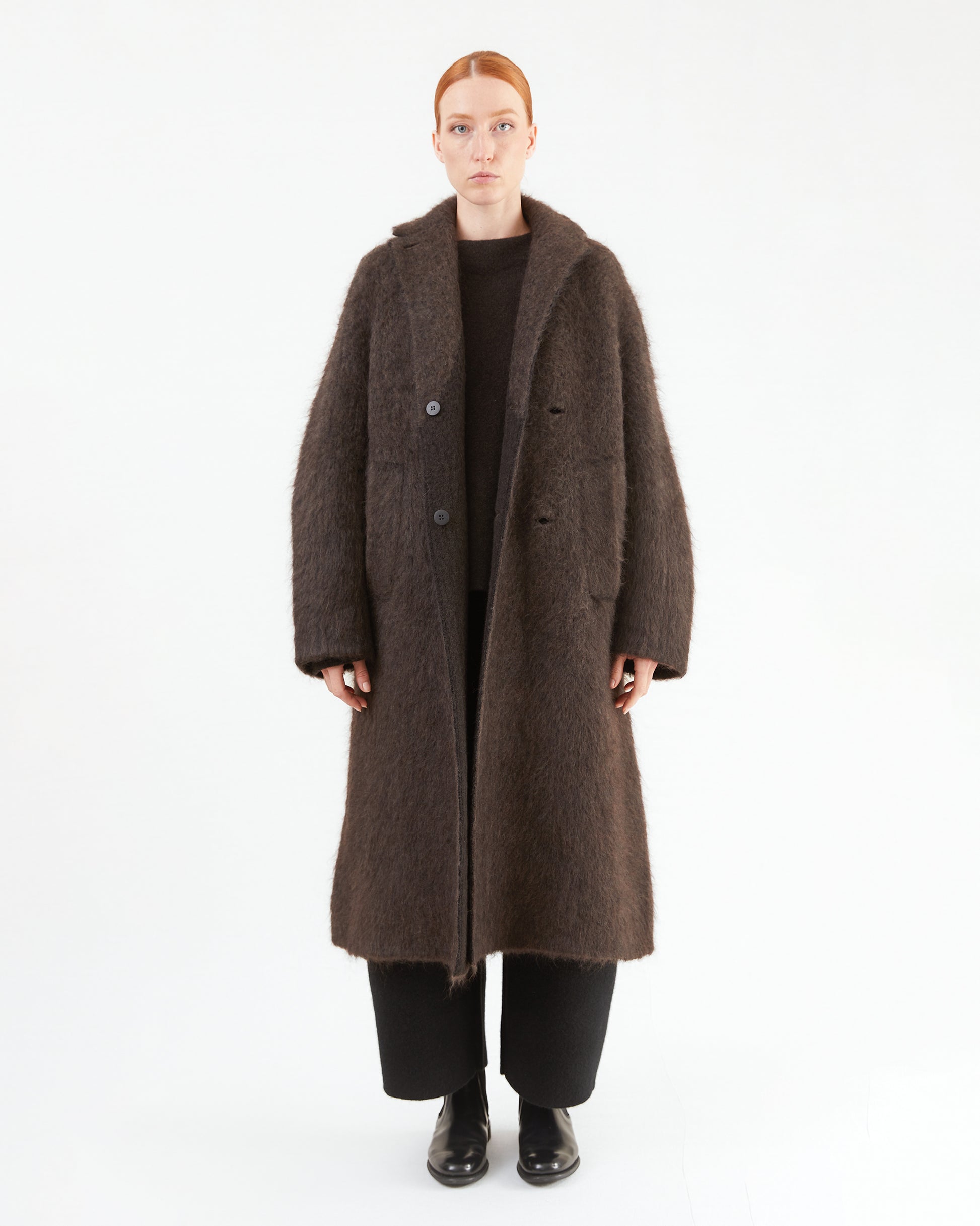 Boboutic Wool Double Breasted Fur Coat in Brown