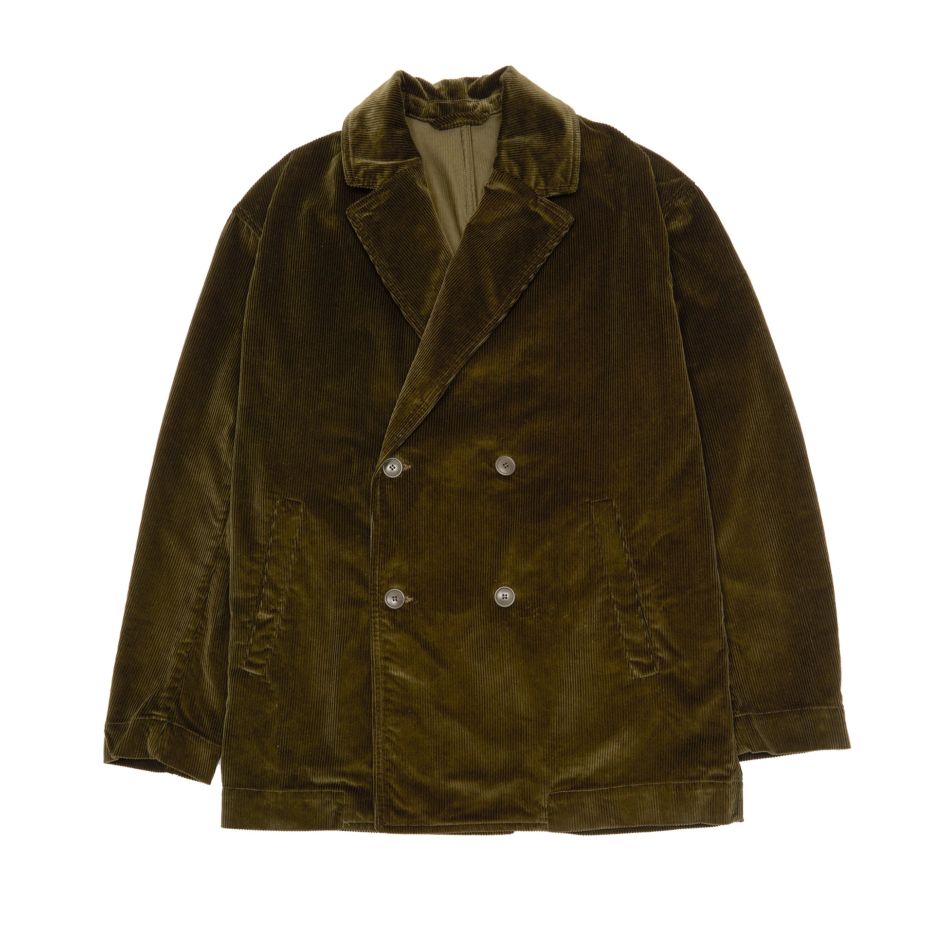 Casey Casey Brett Corduroy Jacket in Moss. A double breasted work jacket made in a green corduroy.