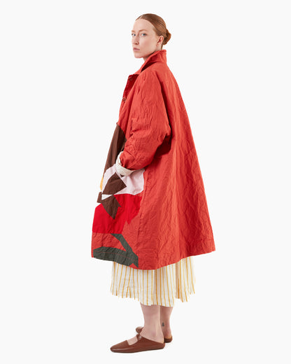 Casey Casey Women's Flora Patchwork Mixed Fabric Coat in Red