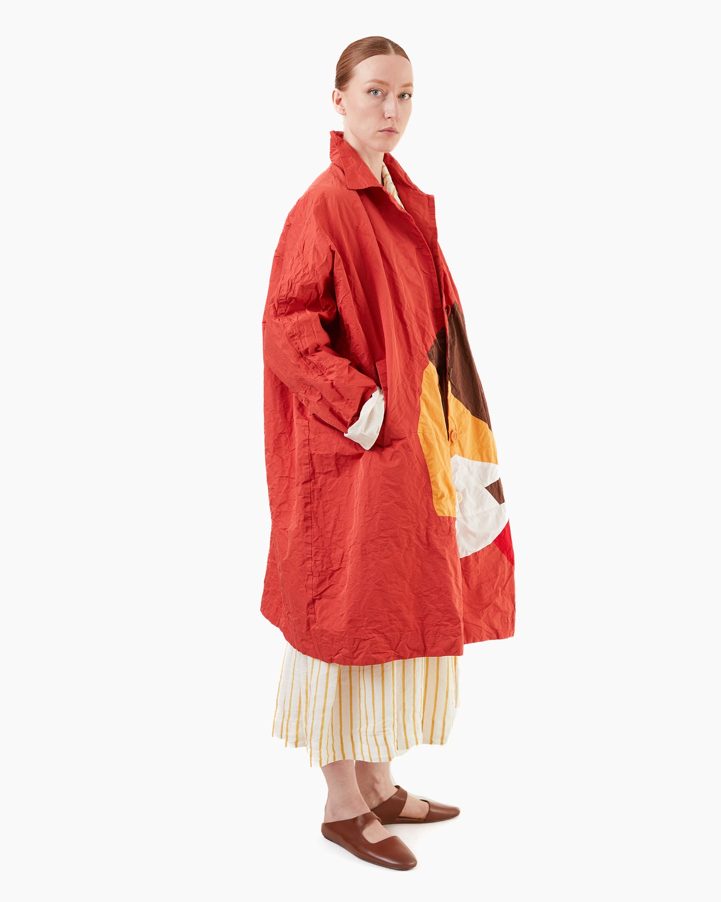 Casey Casey Women's Flora Patchwork Mixed Fabric Coat in Red