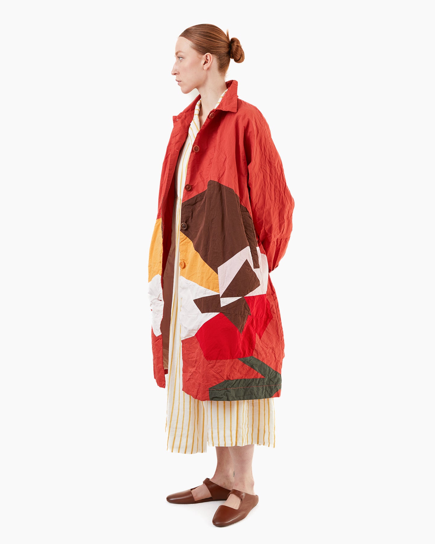 Casey Casey Women's Flora Patchwork Mixed Fabric Coat in Red