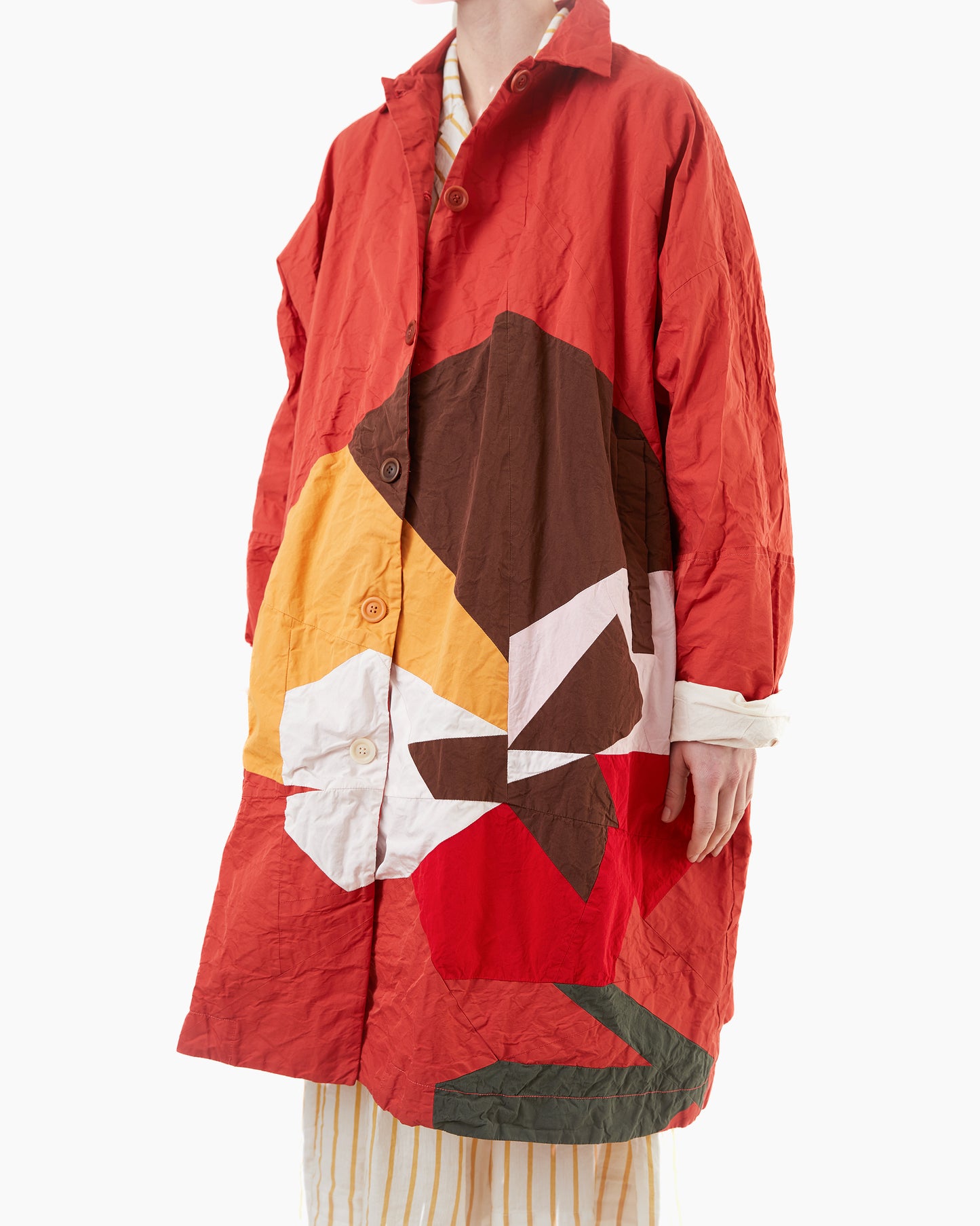 Casey Casey Women's Flora Patchwork Mixed Fabric Coat in Red