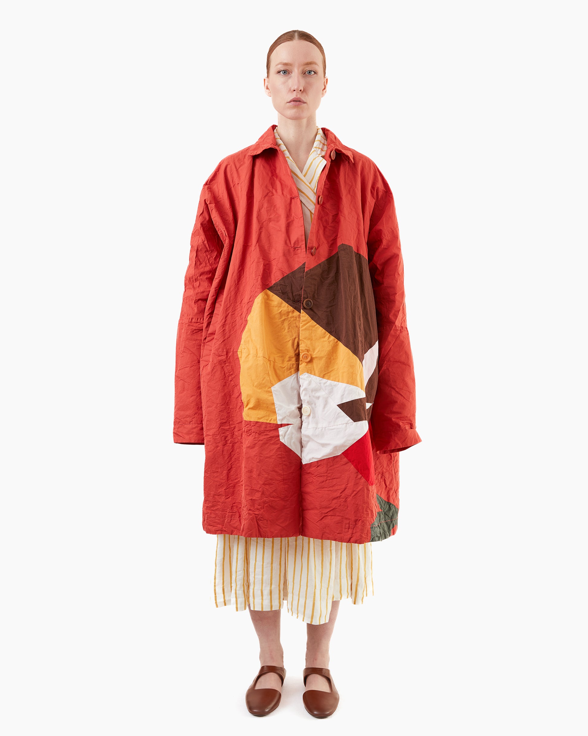 Casey Casey Women's Flora Patchwork Mixed Fabric Coat in Red