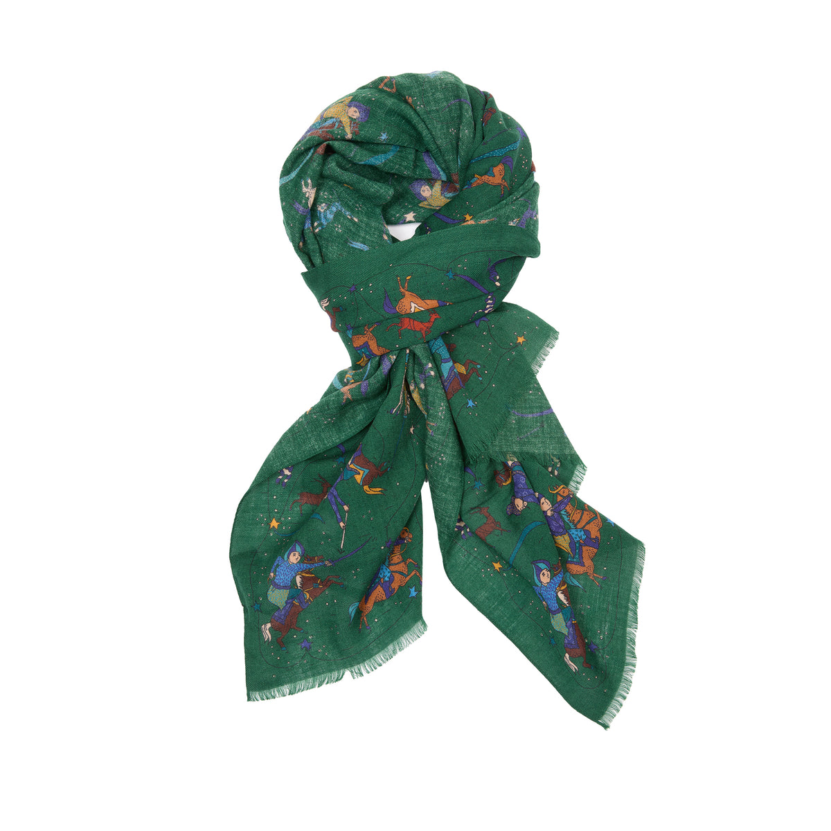 Drake's Mughal and Stars Print Wool Scarf in Green
