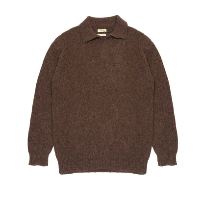 De Bonne Facture Wool Polo Shirt in Heathered Bark Brown
