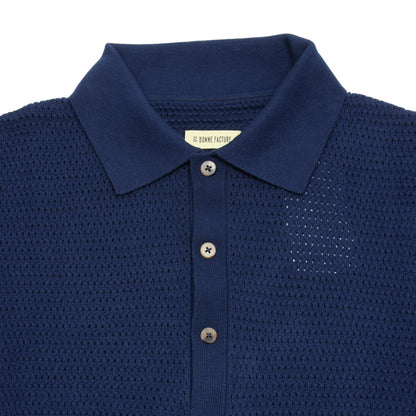 De Bonne Facture Honeycomb Knitted Polo in Navy