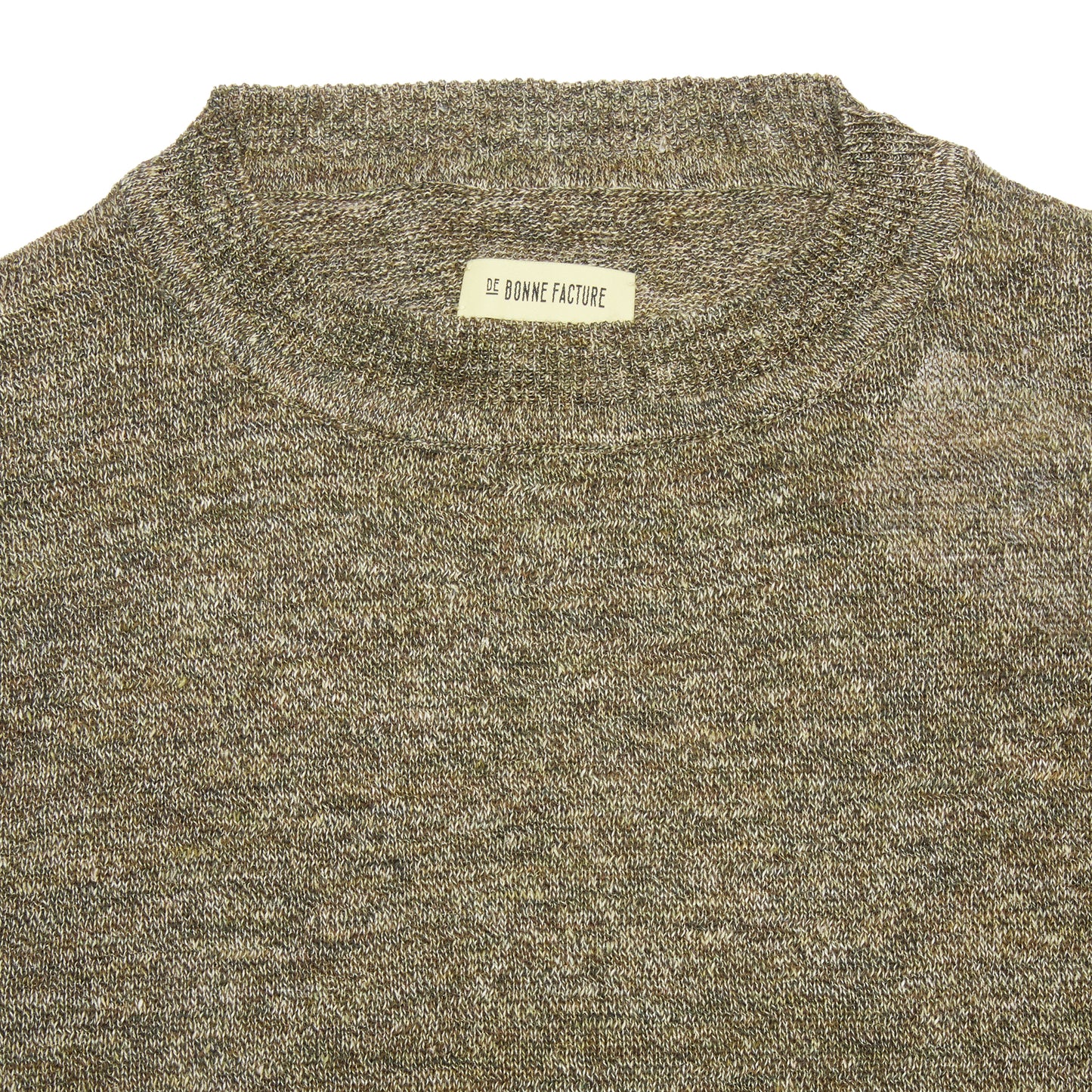 De Bonne Facture Knitted Linen Tee in Khaki and Ecru Mouline