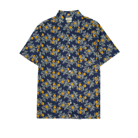 De Bonne Facture Embroidered Camp Collar Shirt in Navy / Mimosa