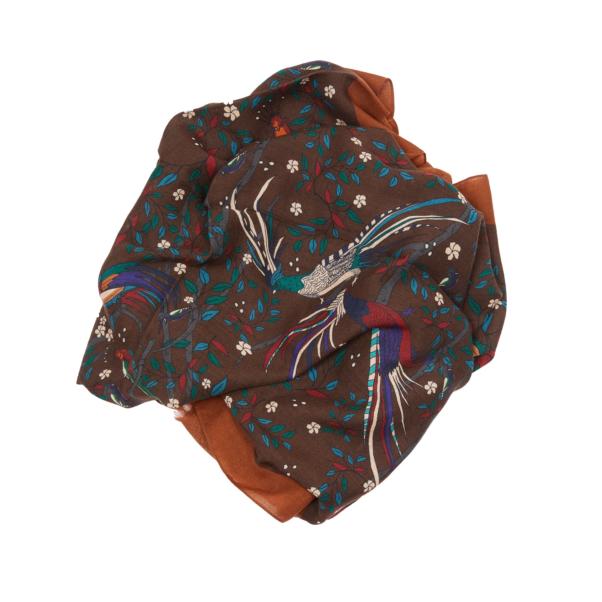 Drake's Birds of Paradise Print Wool Scarf in Brown