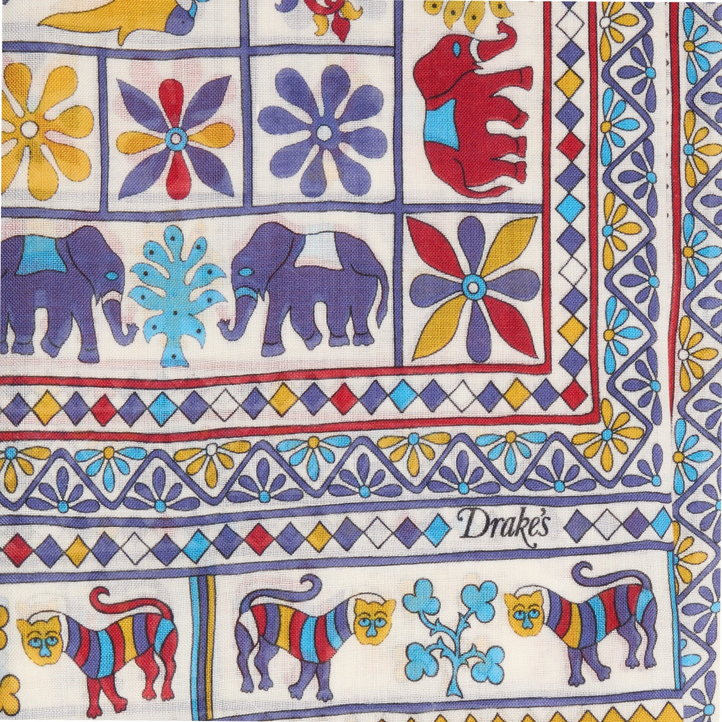 Drake's Elephants and Flowers Print Scarf in Ecru