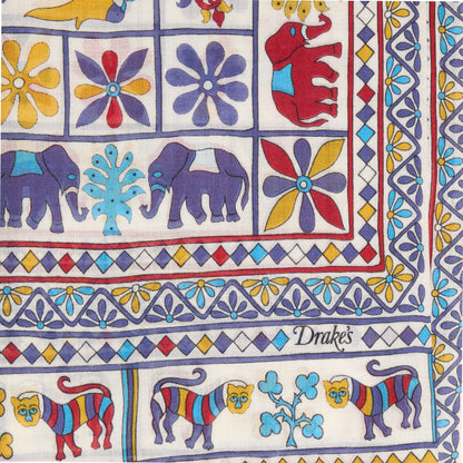Drake's Elephants and Flowers Print Scarf in Ecru