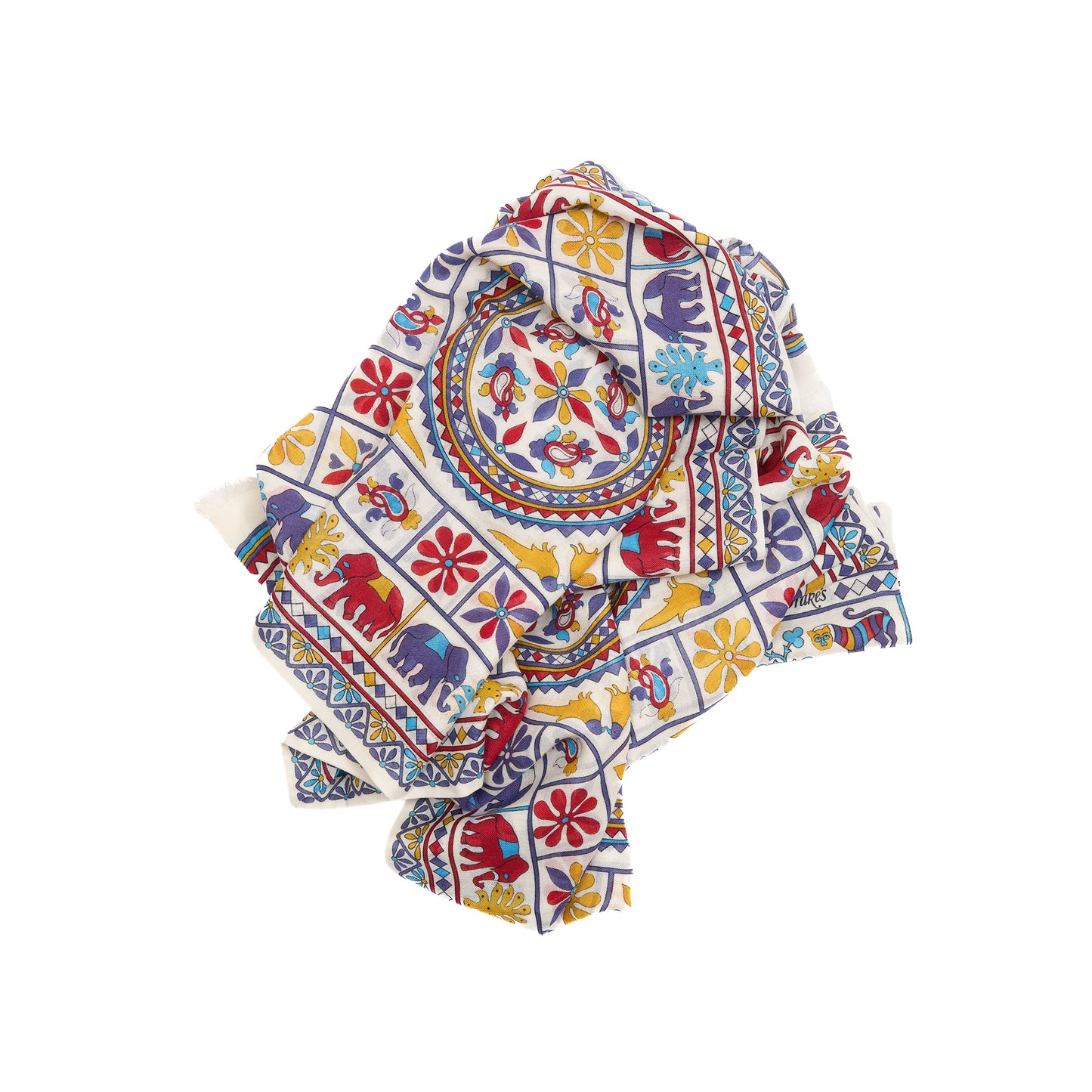 Drake's Elephants and Flowers Print Scarf in Ecru