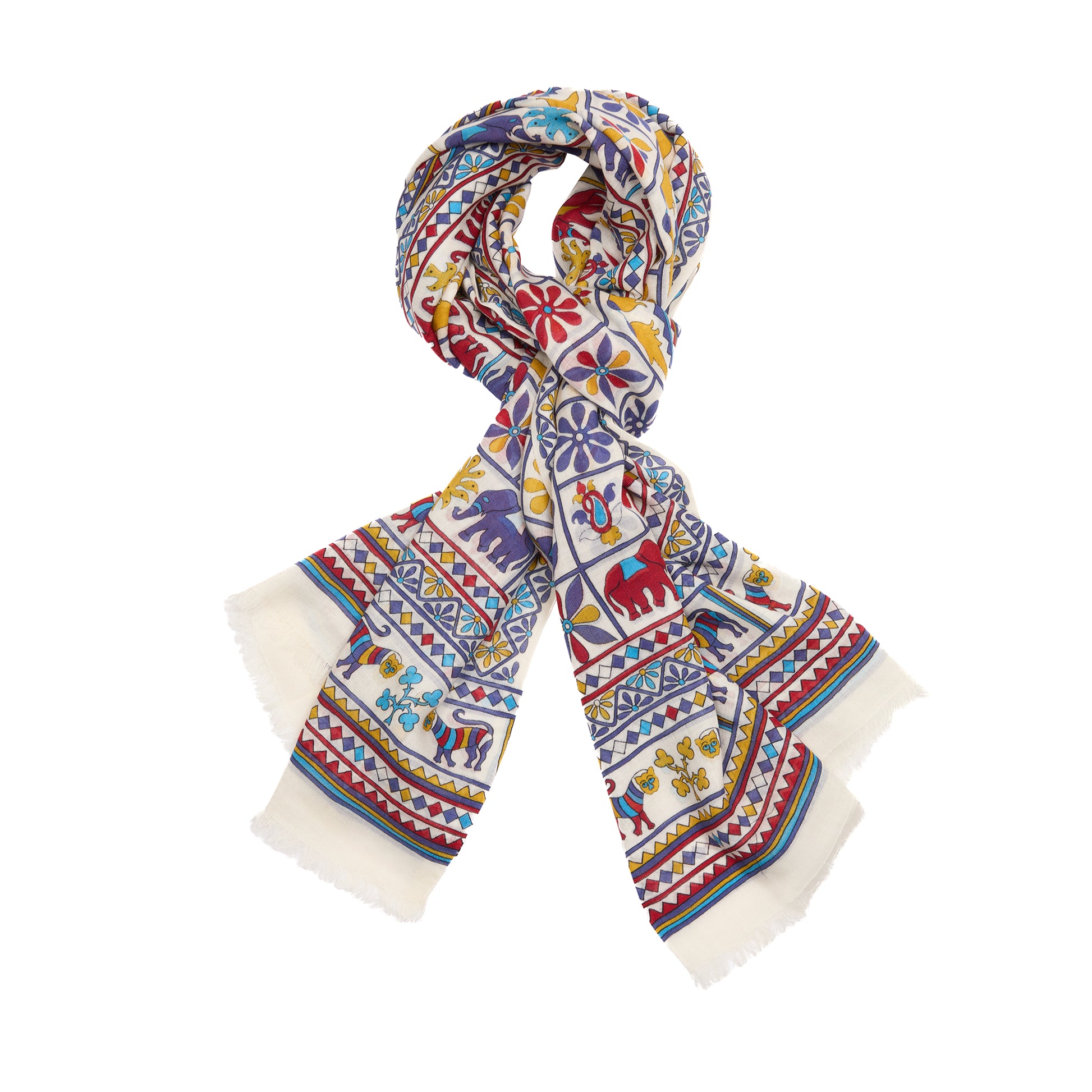 Drake's Elephants and Flowers Print Scarf in Ecru