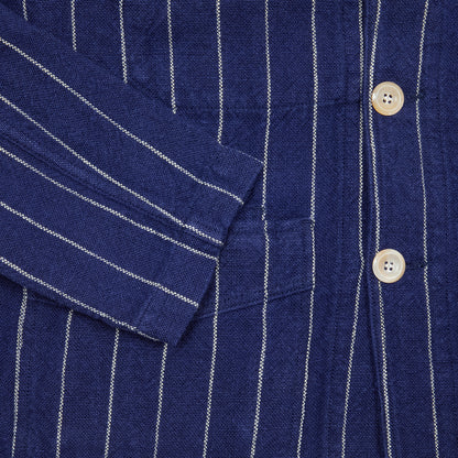 Drake's Pin Stripe Heavy Linen Chore Jacket in Navy/White
