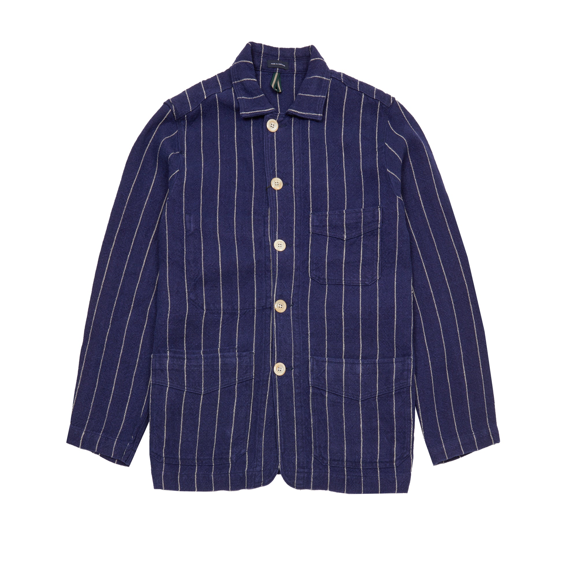Drake's Pin Stripe Heavy Linen Chore Jacket in Navy/White