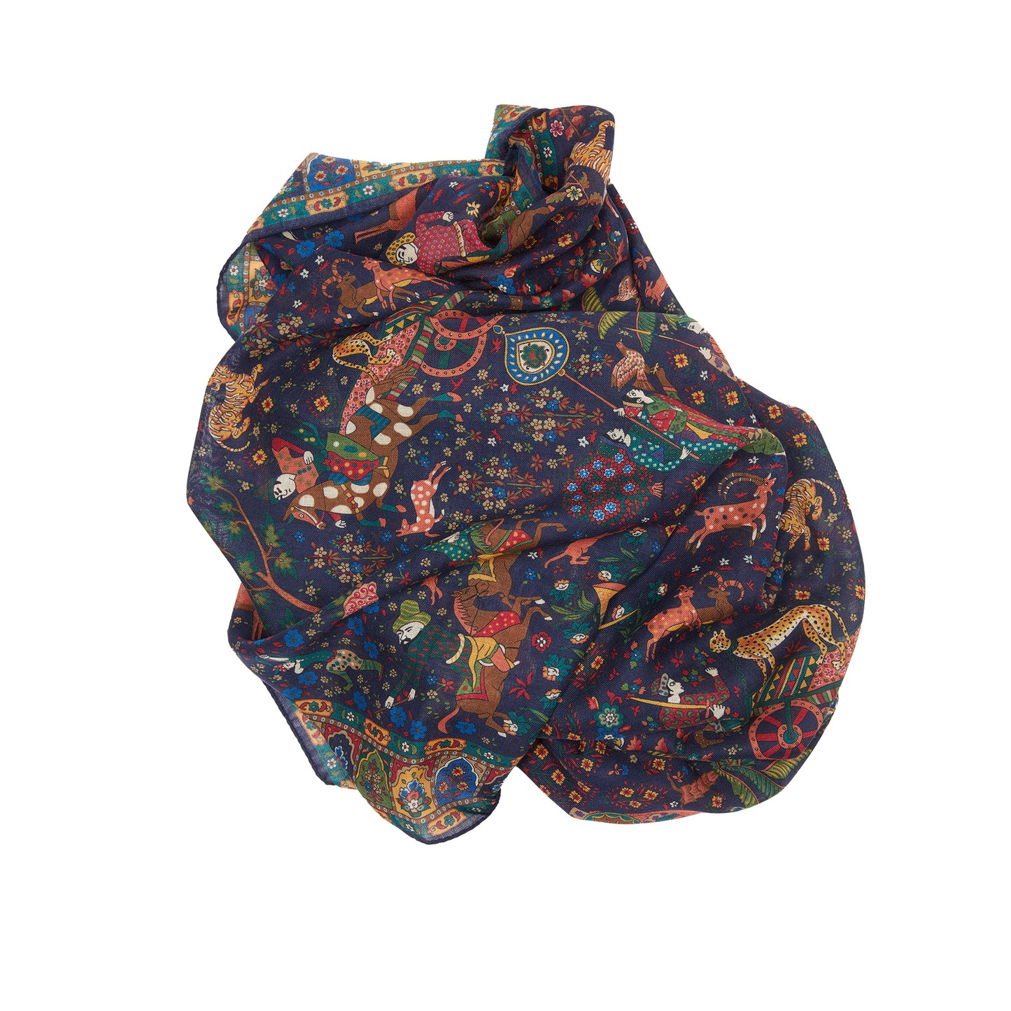 Drake's Navy Moghul Hunter Print Wool-Silk Scarf