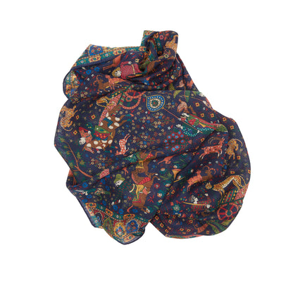 Drake's Navy Moghul Hunter Print Wool-Silk Scarf