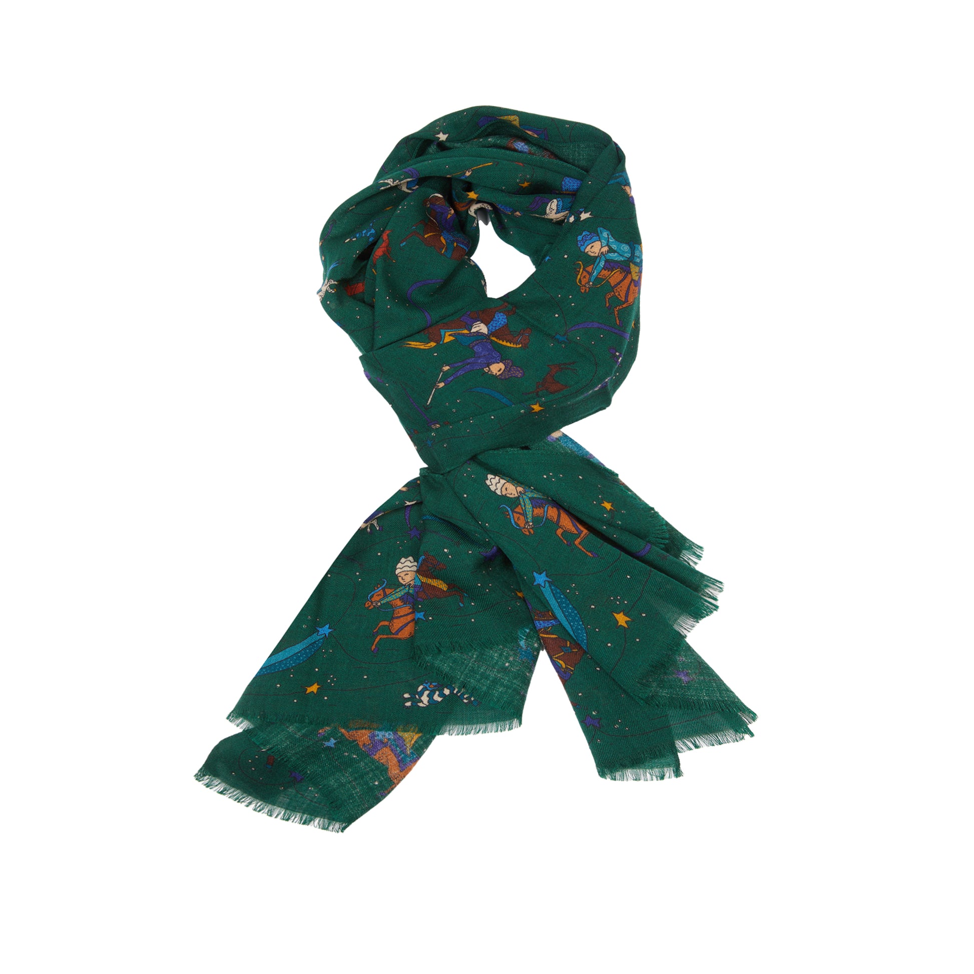 Drake's Mughal and Stars Print Wool Scarf in Green