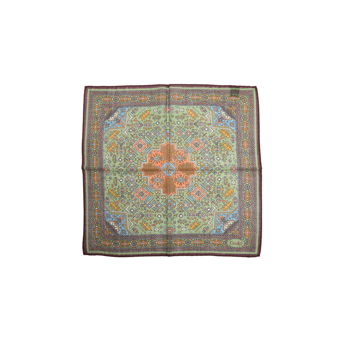 Drake's Kelim Pocket Square in Olive & Burgundy