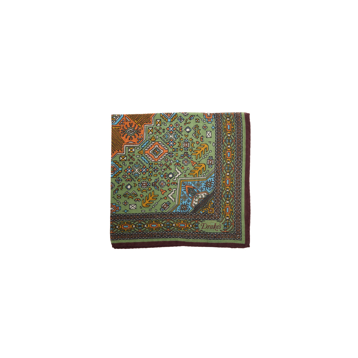 Drake's Kelim Pocket Square in Olive & Burgundy