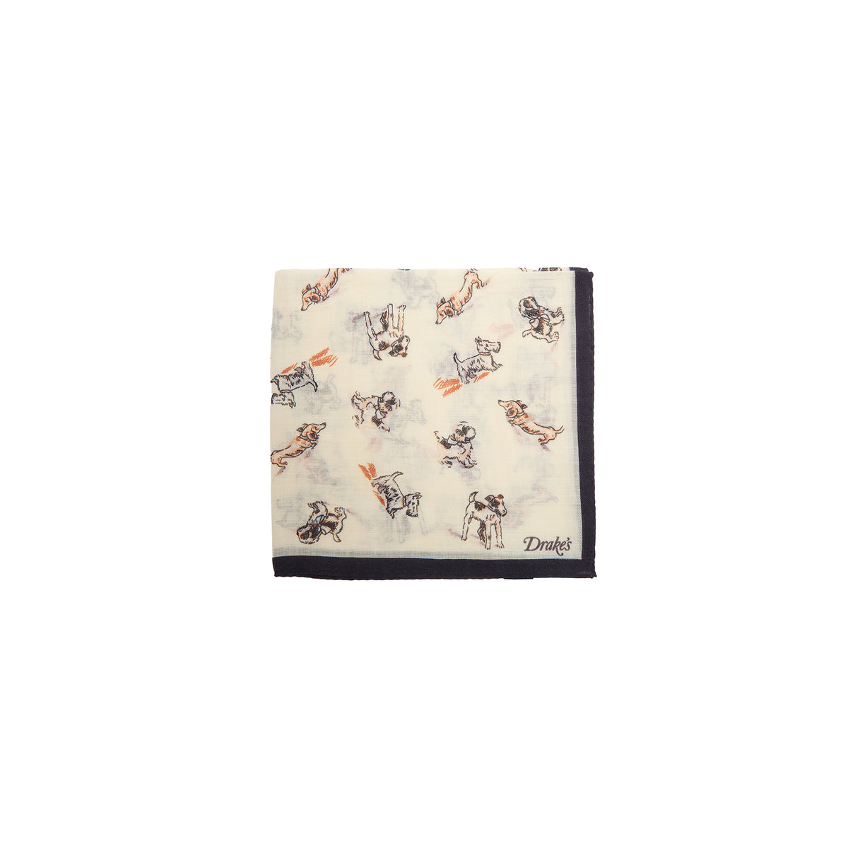 Drake's Dogs Motif Pocket Square in Ecru