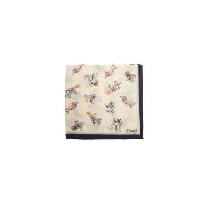Drake's Dogs Motif Pocket Square in Ecru