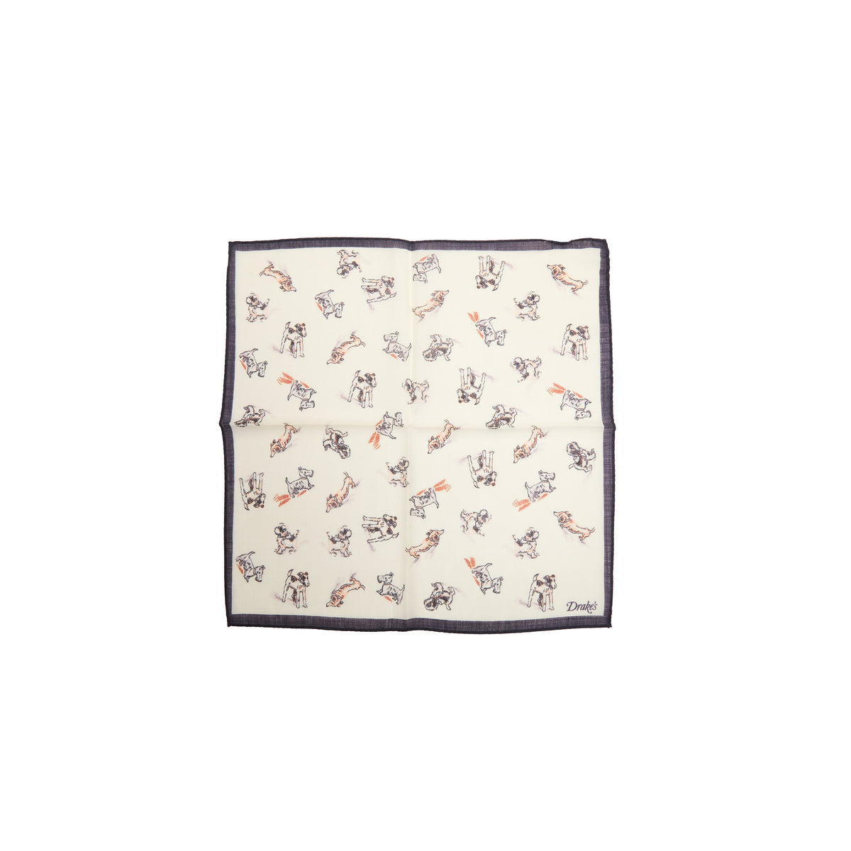 Drake's Dogs Motif Pocket Square in Ecru